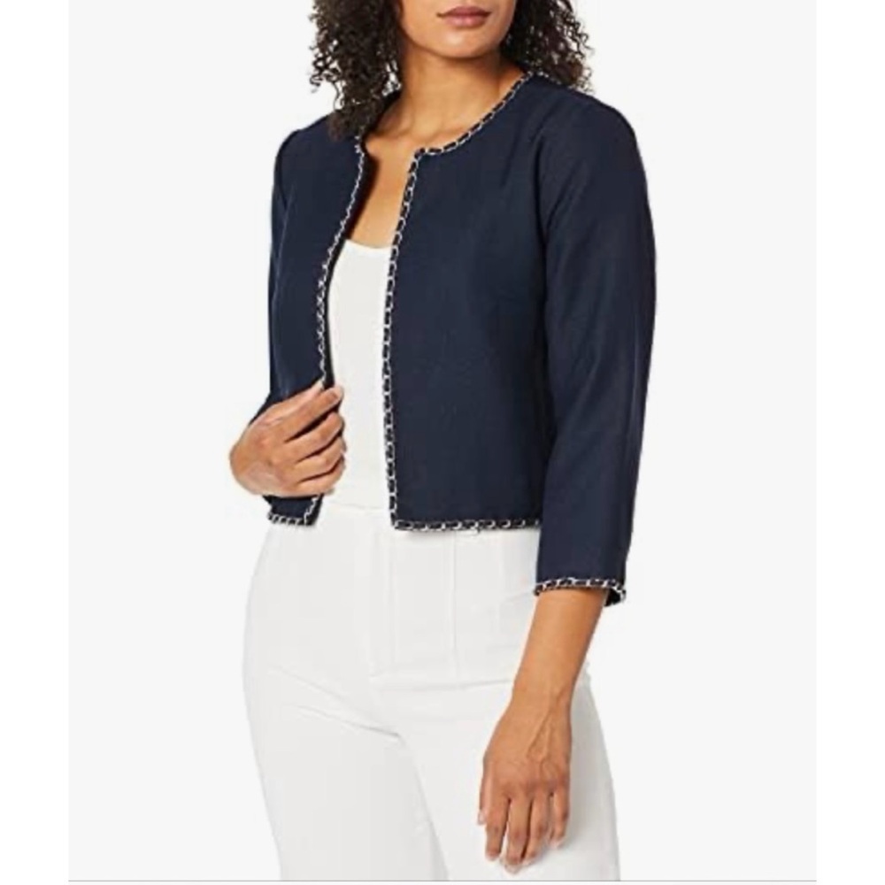 Karl Lagerfeld Paris Women's Navy Tweed Jacket with Chain Detail Size: L